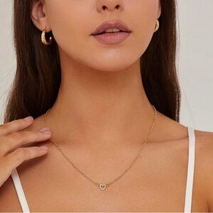 GOLD 14k Gold Plated Heart CZ Pendant Chain Necklace